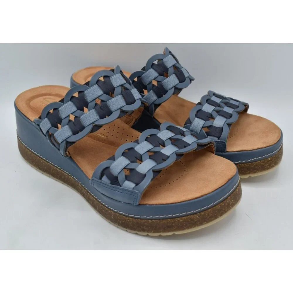 Clarks Women Size 11 Wide Width Kassanda Blue Combi Leather Mules Sandals Shoes‎